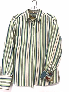 Women's Robert Graham Button Down Striped Flowers Green Tan Blue Brown SZ 10 - Picture 1 of 12