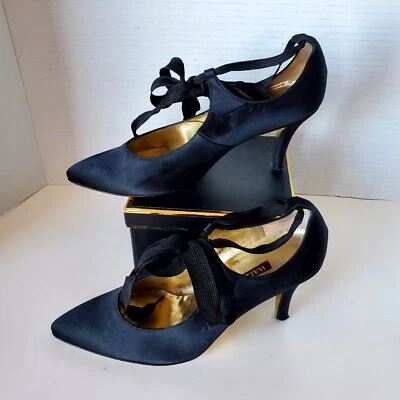 Walter Steiger Black Satin Ribbon Tie Heels Size 37 Or 6 - Image 1 of 4