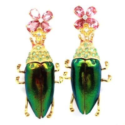 Broche Topacio Místico Rosa, Esmeralda... y Alas de Escarabajo Joya Plata de Ley 925 Foto 1 de 4