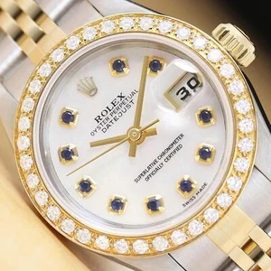 ROLEX LADIES DATEJUST 79173 MOTHER OF PEARL SAPPHIRE 18K GOLD SS DIAMOND WATCH - Picture 1 of 9