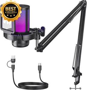 Gaming USB Microphone, Noise Cancelling Condenser Mic with Mute, Gain, Boom Arm - Picture 1 of 12