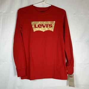 Levi's Boy's L Long Sleeve Red T Shirt Gold Logo 100% Cotton - Picture 1 of 10