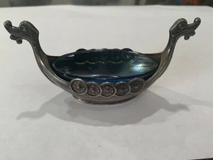 Vintage Theodor Olsens Norway Sterling Silver Cobalt Glass Viking Ship Salt Dish - Picture 1 of 9