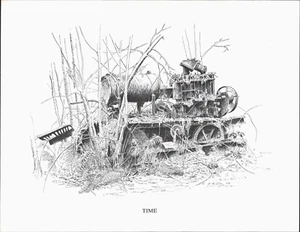 1973 LOGGING: ELDON R. OLIN vintage 8.5x11 art print "TIME" lumberjack equipment - Picture 1 of 1