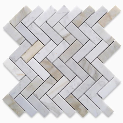 G72XH Calacatta Gold Calcutta Marble 1x3 Herringbone Mosaic Tile Honed - Image 1 of 4