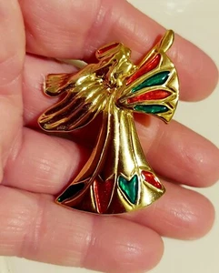Christmas Angel Enamel Brooch Pin Gold Tone Red Green Free Gift Bag 2" - Picture 1 of 4