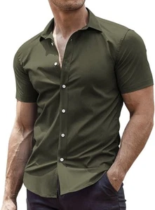 Men’s Dress Shirt Short Sleeve Casual Slim Fit Formal Non Iron - Army Green L - Picture 1 of 7