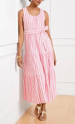 Maxi Vestido TALBOTS Mujer Talla 14 Gasa - Raya Ventosa Rosa Blanco Largo En Niveles Foto 1 de 3