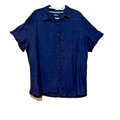 Perry Ellis Mens XL Navy Blue Linen Cotton Blend Short Sleeve Button Front Shirt - Image 1 of 4