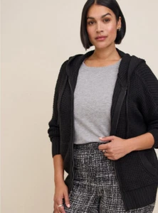 Torrid Black Waffle Zip Cardigan Hooded Sweater SZ 3 Grunge Goth Modest Dark - Picture 1 of 14