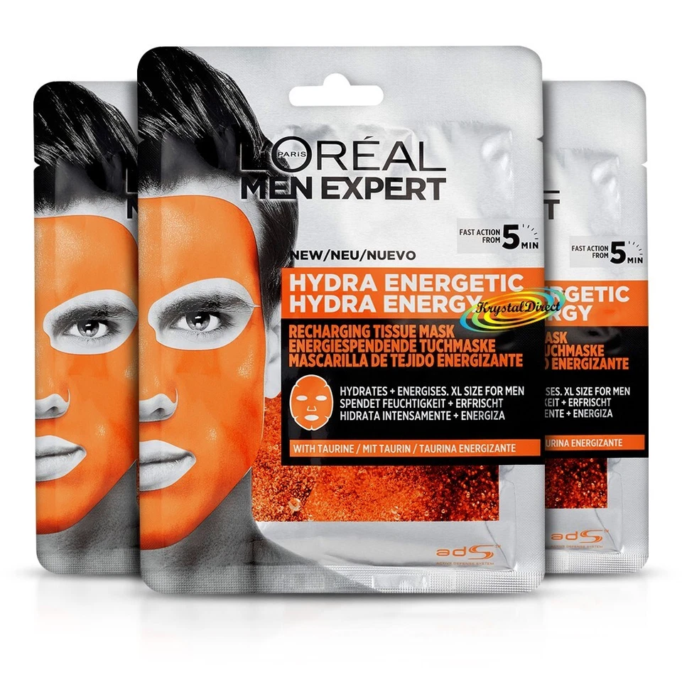 3x L'Oreal Men Expert Hydra Energetic Recharging Tissue Mask With Taurine - Image 1 of 1