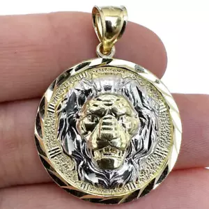 Colgante Cabeza de León Texturizada Oro Real 10K Dos Tonos Amarillo Blanco 1.45" - Imagen 1 de 6