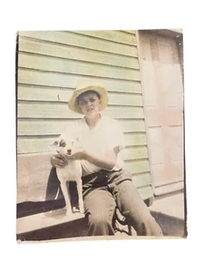 Young Farmer Boy & Dog 8" x 10" Color Transparency Photograph Country WWI 1929 - Picture 1 of 13