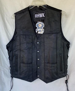 HWK Leather Motorcycle Vest Black Classic Club Riding Biker Vest..Men XL - Picture 1 of 5