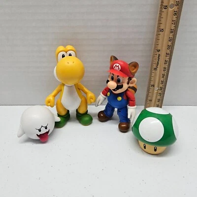 MARIO FIGURE LOT of 4 Raccoon Mario Yellow Yoshi Boo 1UP Mushroom Nintendo Jakks - Image 1 of 4