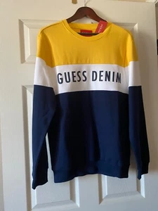 Guess denim colorblock pull over sweatshirt men Medium - Picture 1 of 2