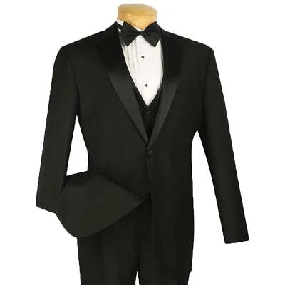 VINCI Men's Black 4pc Tuxedo w/ Sateen Lapel & Trim + Bow Tie - NEW - Image 1 of 2