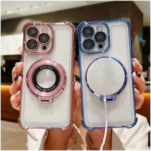 For iPhone 16 15 Pro Max 14 13 12 Plating Frame Magsafe Magnetic Stand Case For - Picture 1 of 30
