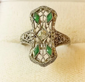 Antique Art Deco 14k White Gold Filigree Ring With Diamond/Green Stones - Picture 1 of 7