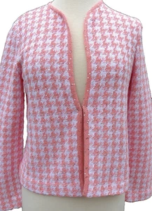 Amina Rubinacci Orvieto Gingham Boucle Knit Sweater Jacket Pink White US 8 EU 44 - Picture 1 of 17