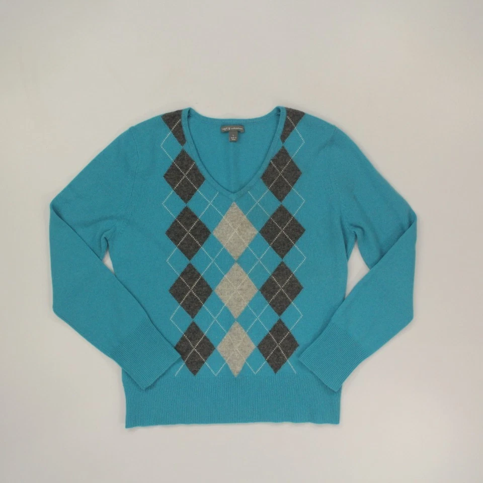 APT9 Women's 100% Cashmere Argyle V-Neck Sweater Size Large Blue Preppy Academia - Image 1 of 4