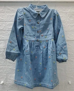 New Boden Aubrey Puff Sleeve Denim Shirt Dress Blue W/Flower Print Size 7-8Youth - Picture 1 of 8