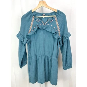 TEA COLLECTION Embroidered Ruffle Dress Long Sleeve Short Skirt Blue Size 14 - Picture 1 of 7
