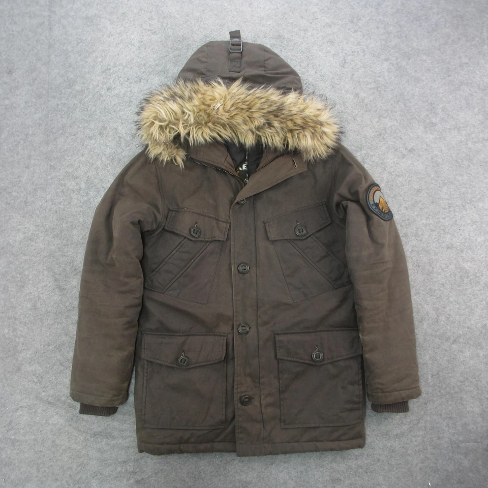 Superdry Herculean Jacket Wax Edition Mens Small Brown Fur Hood Parka Coat - Image 1 of 4