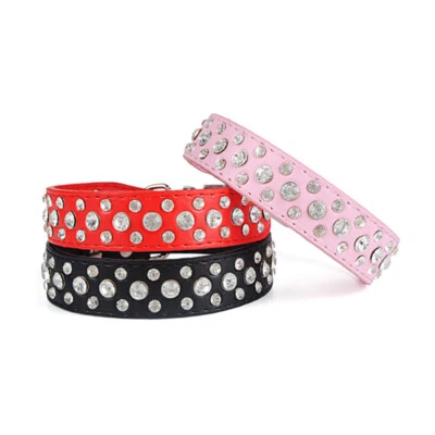Dog Collar PU Leather Rhinestone Diamante Bling Crystal Cat Puppy Pet Choker - Image 1 of 4