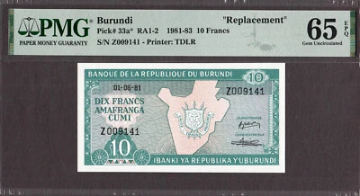 Burundi 10 Francs 1981 REPLACEMENT (Z) Pick-33a* RA1-2 GEM UNC PMG 65 EPQ - Image 1 of 2