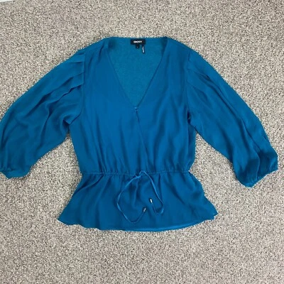 DKNY 2-Piece Blouse Womens Large Blue Chiffon 3/4 Sleeve Tank Lining Pullover - Image 1 of 4