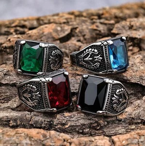 Mens Green Black Blue Red CZ Aquamarine Square Stone Ring Size 7-15 Gift - Picture 1 of 11