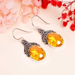 Citrine Gemstone 925 Sterling Silver Jewelry Earring, Beautiful Earring, For Her - Picture 1 of 4