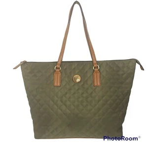 Tommy Hilfiger Quilted Nylon Tote Bag Top Zipper Olive With Faux Leather Trim - Picture 1 of 12