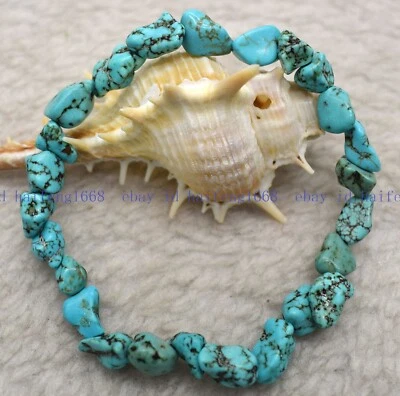 6x10mm Natürliche Blau Türkis Unregelmäßig Edelstein Perlen Armband 7.5" - Bild 1 von 4