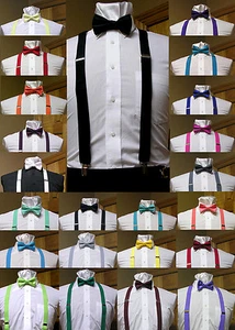 Men's clip-on suspenders x back and Bow Tie Retro Steampunk Costume Tux Prom - Picture 1 of 76