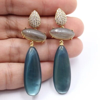 Blue Moss Glass Shell Labradorite Gold Plated CZ Paved Dangle Stud Earrings - Image 1 of 4