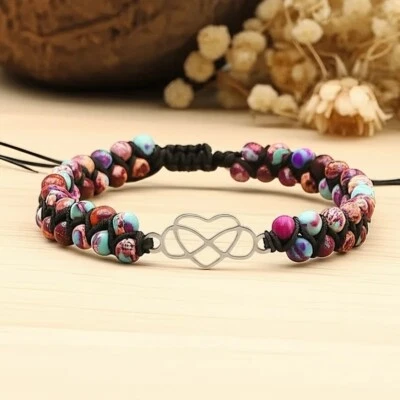 Natural Imperial Jasper Heart Charm Braided Bracelet Healing Protection Gift - Image 1 of 4