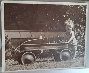 Photograph Curly Headed Child Boy Age 2 with Wagon - Picture 1 of 2