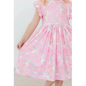 MILA And Rose Dress Girls Size 5/6 Pink Casual Flutter Sleeve Unicorn Rainbow Wh - Picture 1 of 4