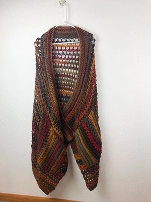 Xale de crochê feito à mão envoltório ferrugem marrom mostarda bolsos grandes outono arte boho A27 - Imagem 1 de 4