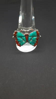 Santa Fe Style Turquoise,Red Coral Butterfly Ring Sterling Silver 7.00 ctw Sz 10 - Image 1 of 4