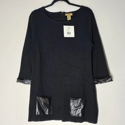 Valerie Stevens Women's L Black Tunic Top Faux Leather Trim Pockets NWT - Image 1 of 4