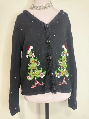 Vintage Mandal Bay Sz Med Black Whimsical Button Christmas Tree Cardigan Sweater - Image 1 of 4