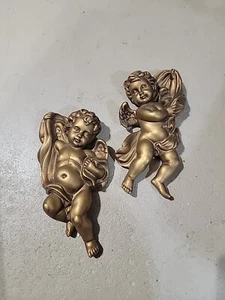 Vintage 70's Retro Gold Cherubs Angels Wall Hangings 10.5" HOMCO 1120 Set Of 2 - Picture 1 of 2