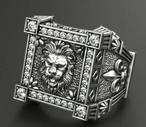 Antique Heavy Lion and Heraldic Lilies Engagement Mens 935 Argentium Silver Ring - Picture 1 of 8