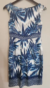Adrianna Papell Womens Size 6 Dress Blue and White Tropical Print Short Sleeve - Picture 1 of 14