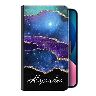 Personalised Phone Case For iPhone 13/12/11 Blue Galaxy Marble PU Leather Cover - Image 1 of 4