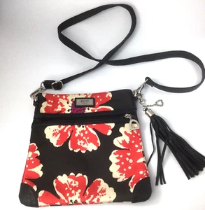 Gigi Hill Shoulder Bag Black Canvas Red White Flowers Pockets Zipper 10" x 10" - Picture 1 of 6