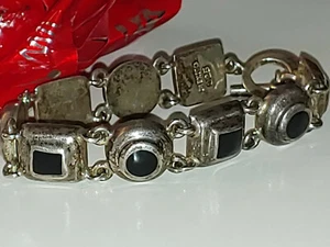 Sterling Silver & Black Onyx Square Circle Toggle Bracelet Marked Mexico 925 - Picture 1 of 6